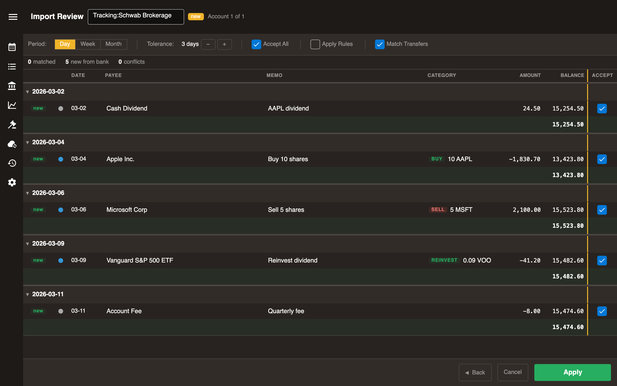 Investment rows in Import Review
