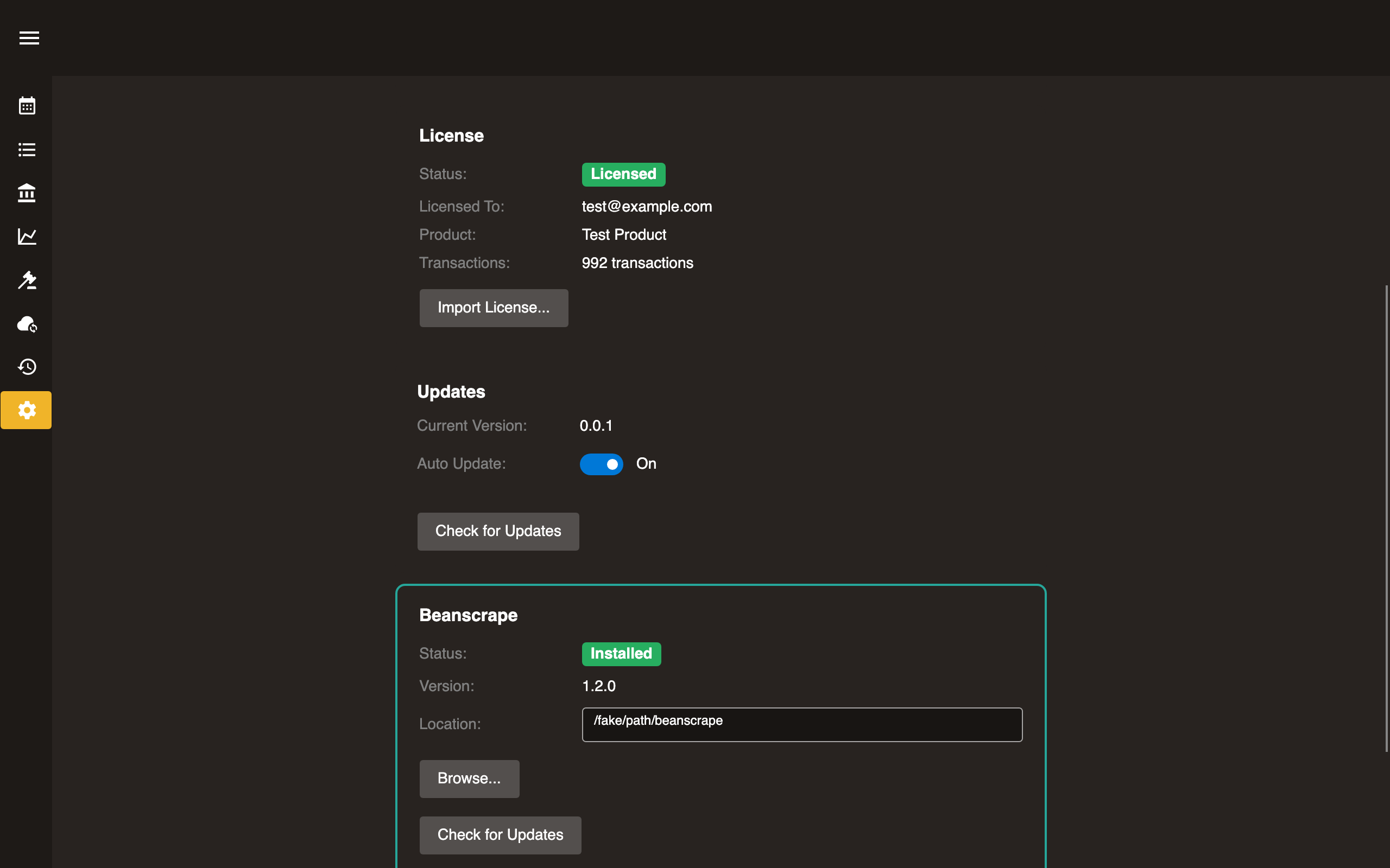 Beanscrape section in Settings